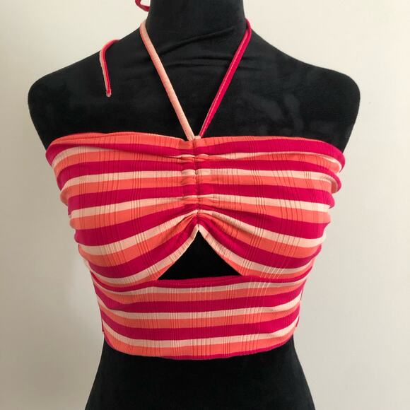 L*SPACE Paloma Top Small Striped Halter Crop Top Red‎ Pink Orange Cutout Detail - Picture 2 of 8
